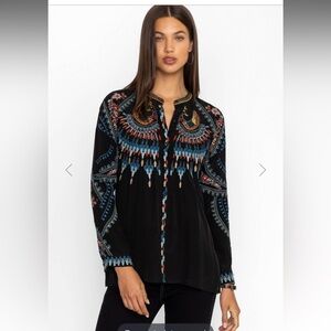 Johnny Was Biya “The Audrey” Mandarin Black Silk Embroidered Blouse